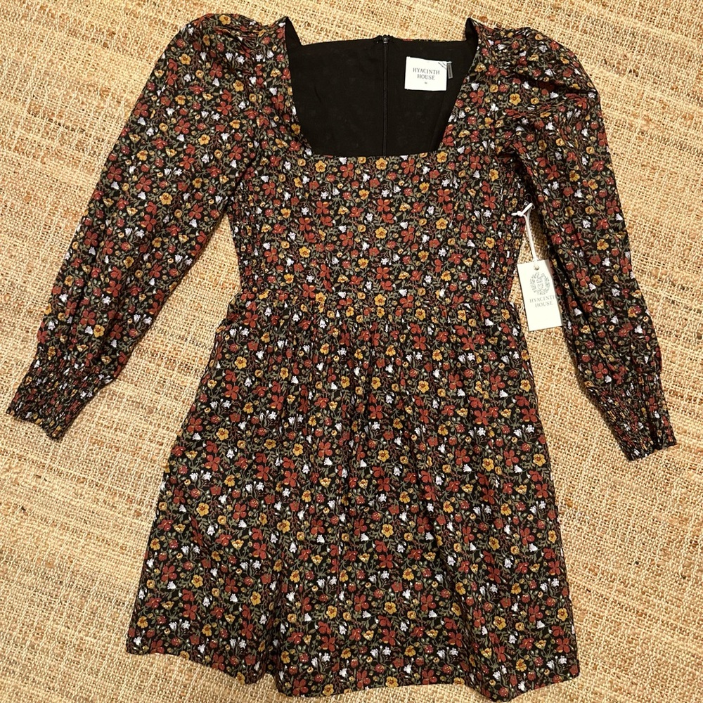 HYACINTH HOUSE Black Multi Floral Square Neck Mini Dress, size XS, NWT